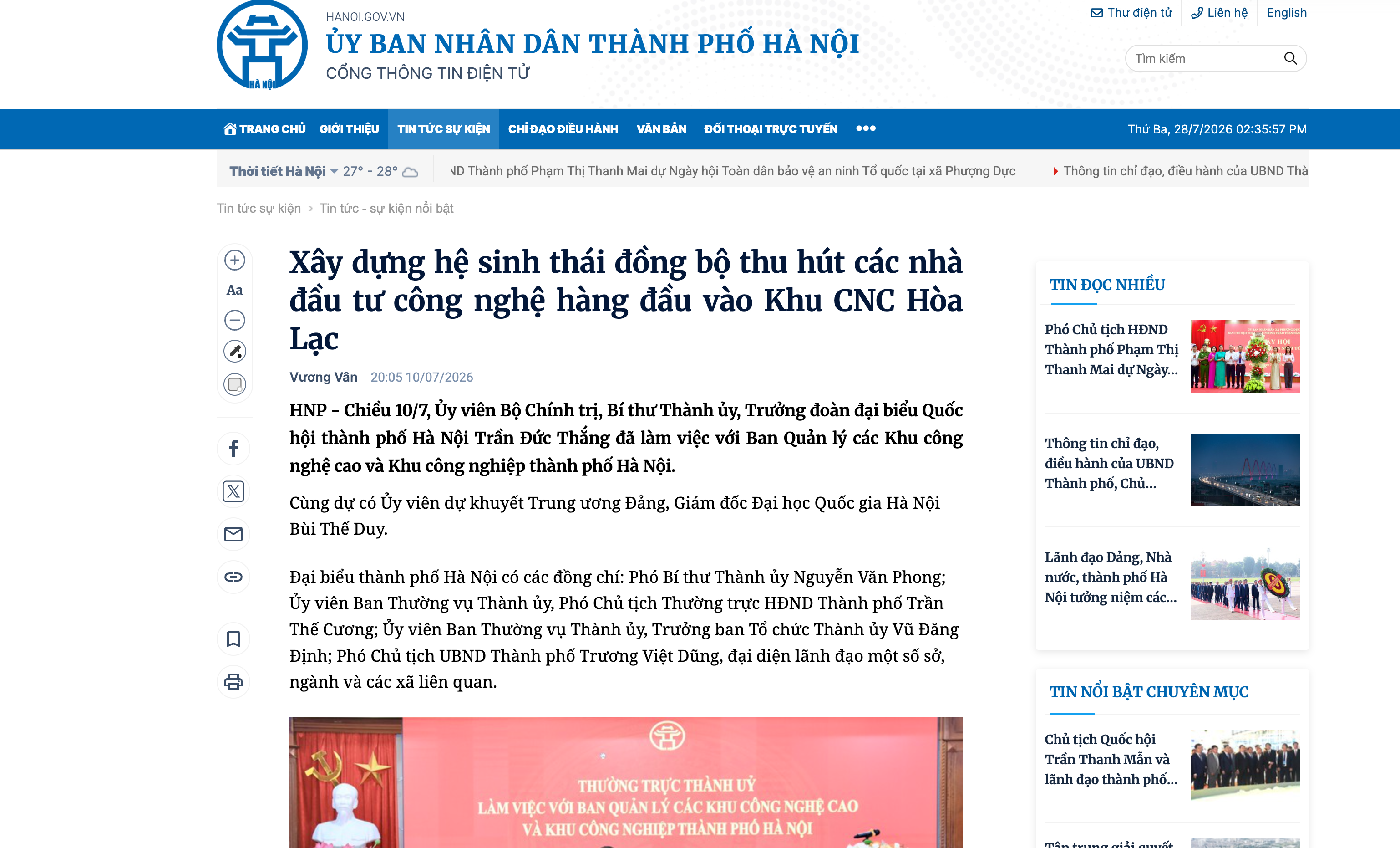 Cổng TTĐT TP Hà Nội - Xây dựng hệ sinh thái đồng bộ Khu CNC Hòa Lạc